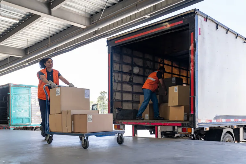 A team of warehouse workers loads boxes onto a 26-foot box truck.