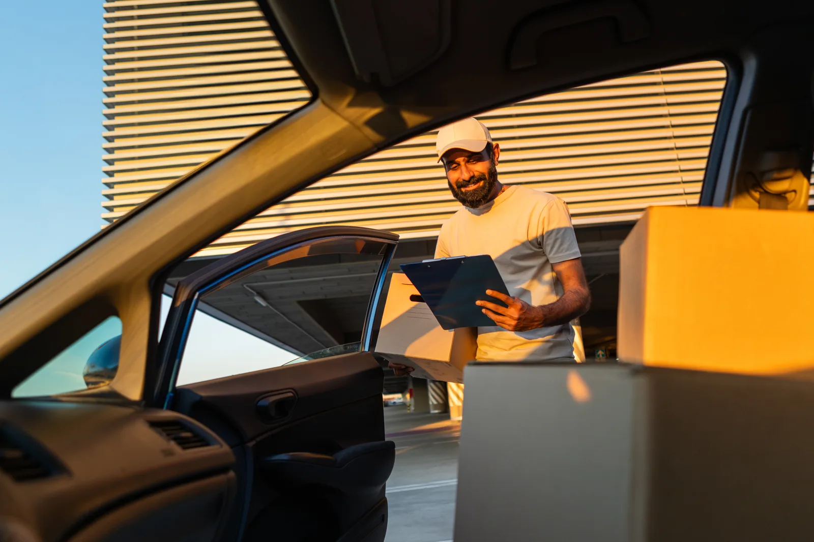 A delivery driver unloads boxes from a vehicle outside a commercial building at sunset.