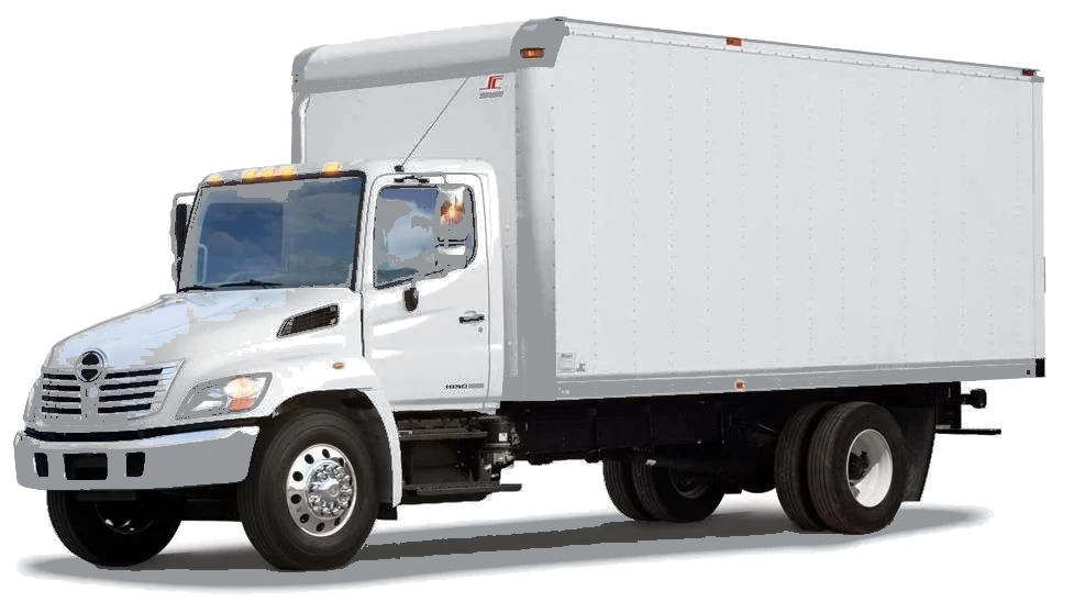A white 26-foot box truck with an enclosed cargo box, shown from the front three-quarter view.