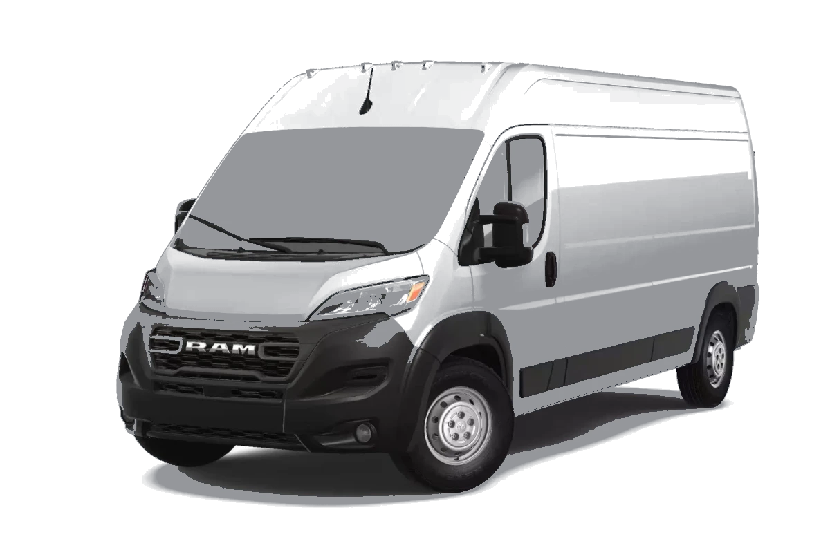 A white high-roof RAM ProMaster cargo van shown from the front three-quarter view.