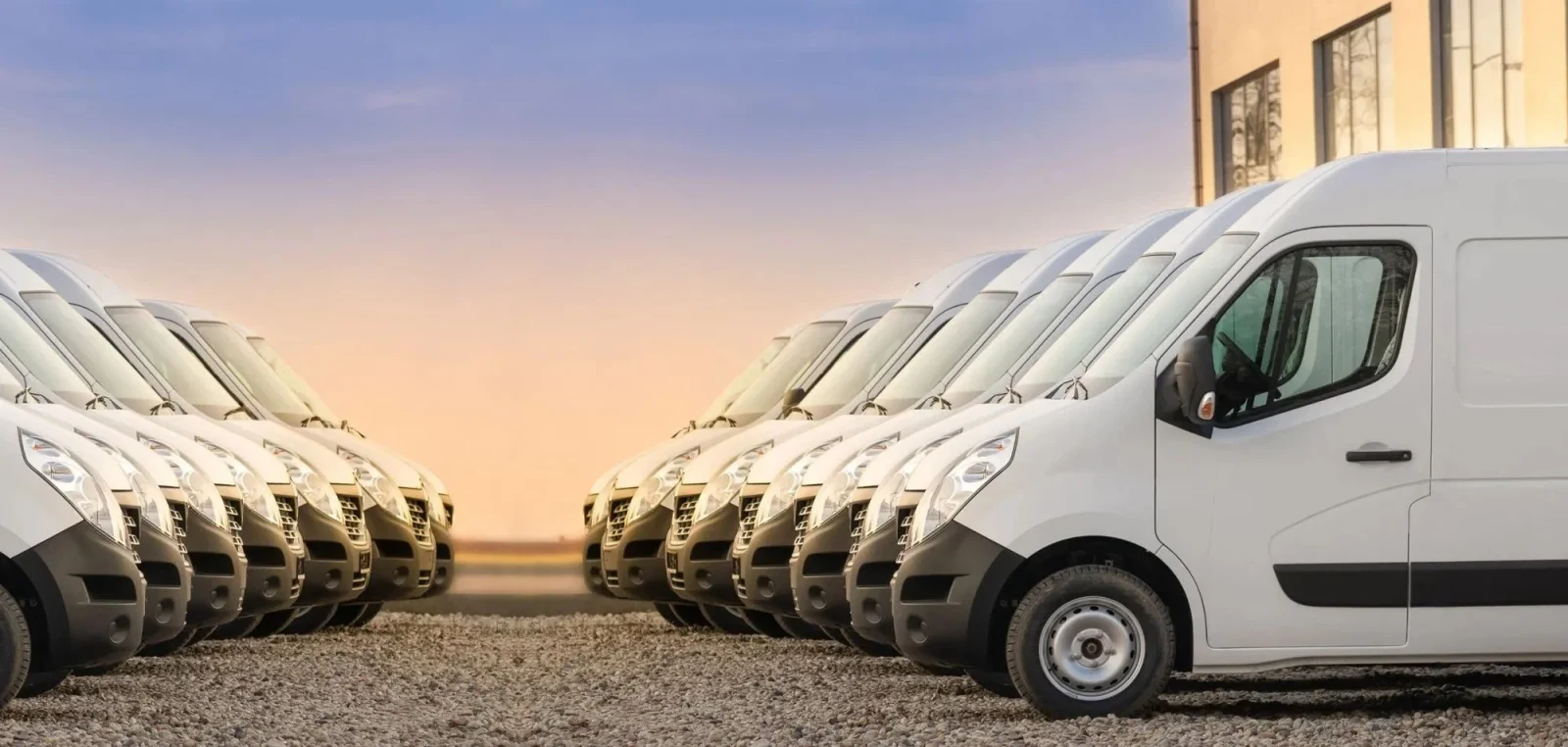 A row of white delivery vans parked nose-out at dusk, ready for dispatch.