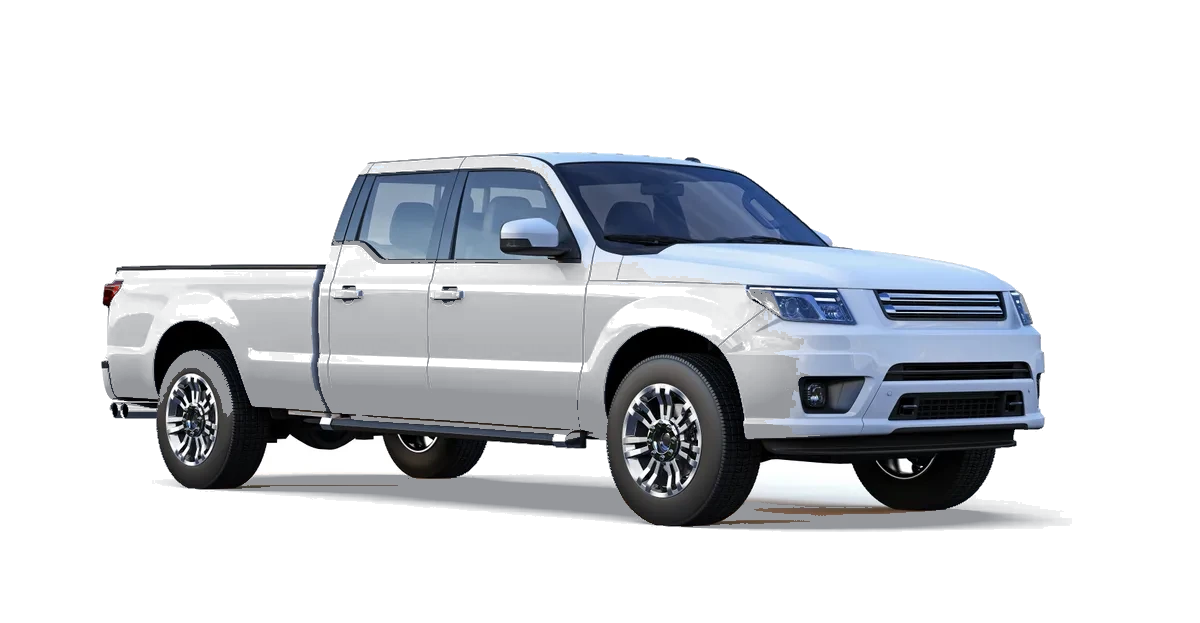 A white pickup truck with an open bed, shown from the front three-quarter view on a white background.