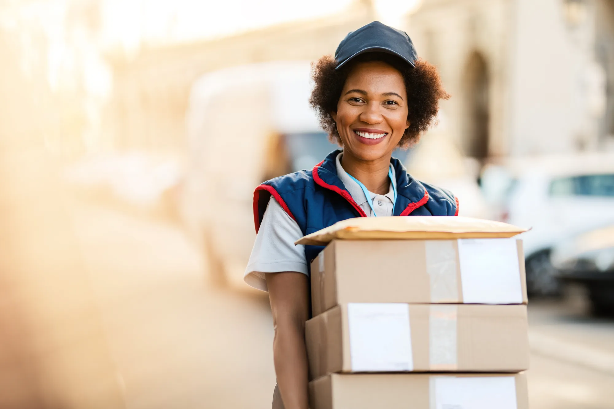 A smiling courier carries a stack of packages.