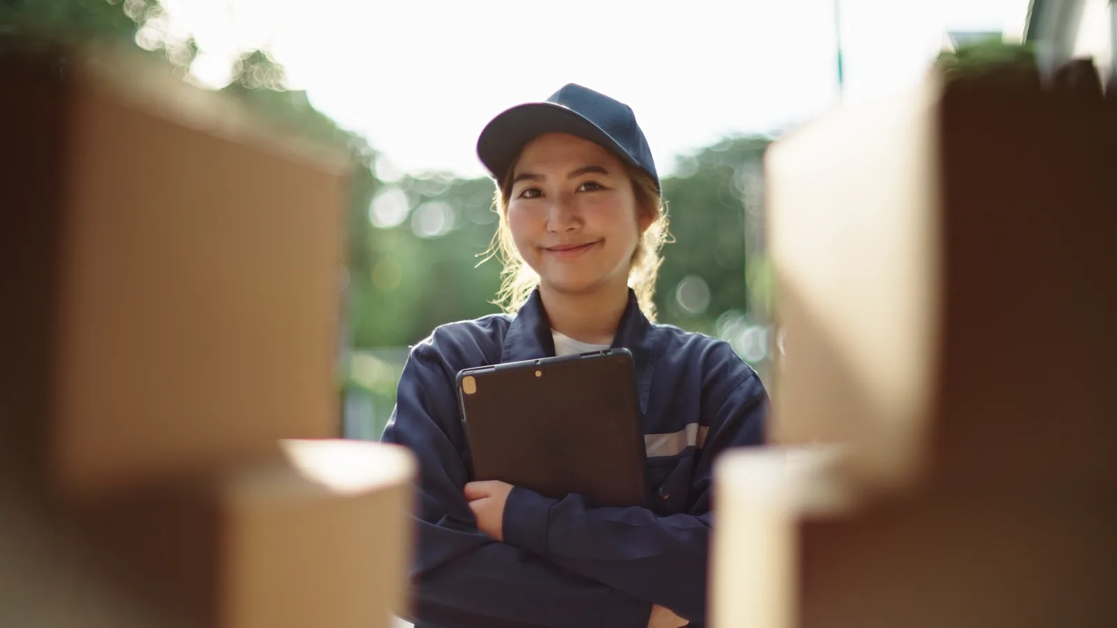 A courier holds a tablet between stacked parcels, checking the day’s route.